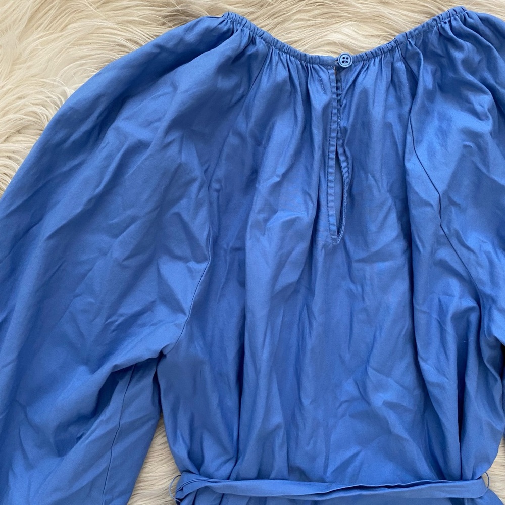 Reformation Blue Dusk Puff Long Sleeve Organic Cotton Belted Waist Rennae Dress - Picture 8 of 13